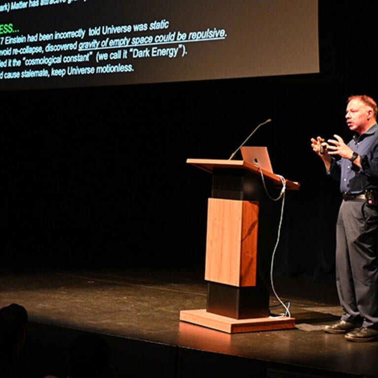 Nobel Prize-winning physicist Adam Riess speaking at UC Riverside