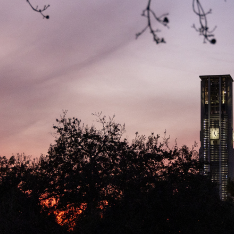UCR bell tower during an evening sunset