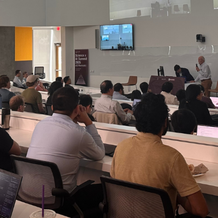 Lecture hall filled with attendees for the Science x AI Summit held at UC Riverside