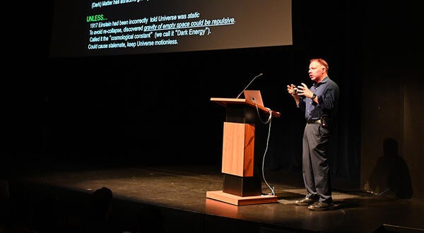 Nobel Prize-winning physicist Adam Riess speaking at UC Riverside