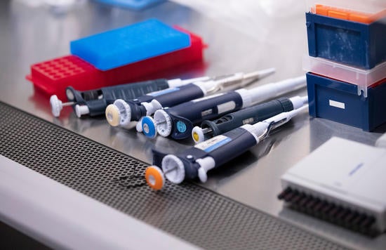 Supplies are organized in UC Riverside’s COVID-19 testing laboratory